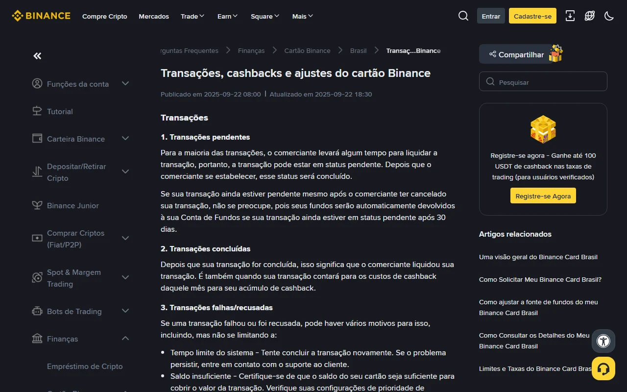 የBinance Brazil Card ኦፊሴላዊ የtransaction status መመሪያ፣ pending፣ completed እና failed/declined ሁኔታዎችን ያሳያል