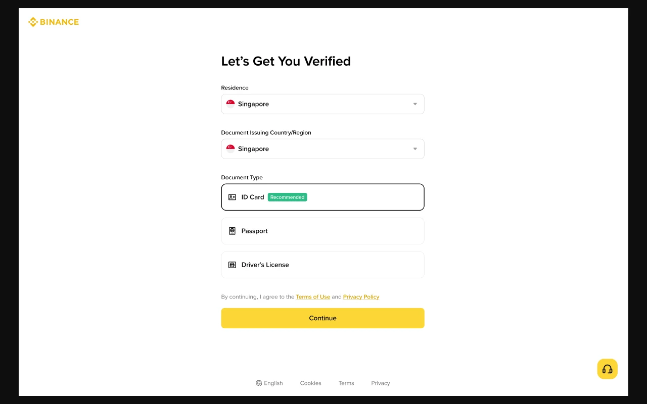 የBinance KYC አገርና ሰነድ ምርጫ ምሳሌ የBinance ኦፊሴላዊ KYC ገጽ ምሳሌ፣ Residence፣ Document Issuing Country/Region እና የሰነድ ዓይነቶችን ያሳያል