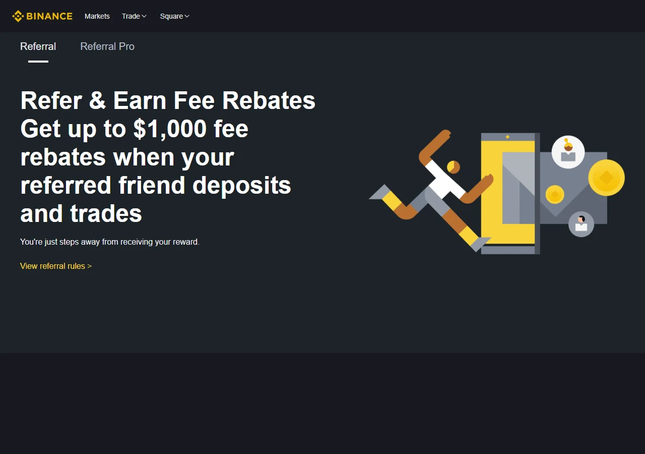 የBinance ኦፊሴላዊ Referral ገጽ ምሳሌ የBinance ኦፊሴላዊ Referral ገጽ፣ Referral እና Referral Pro ትሮችን፣ የዘመቻ ርዕስና የደንብ አገናኝን ያሳያል