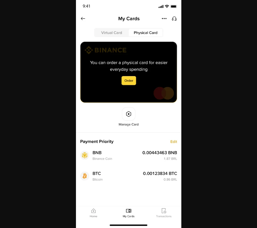 የBinance Card ኦፊሴላዊ My Cards ማያ ገጽ፣ Virtual Card እና Physical Card ትሮች፣ Physical Card Order እና Payment Priority ምሳሌን ያሳያል
