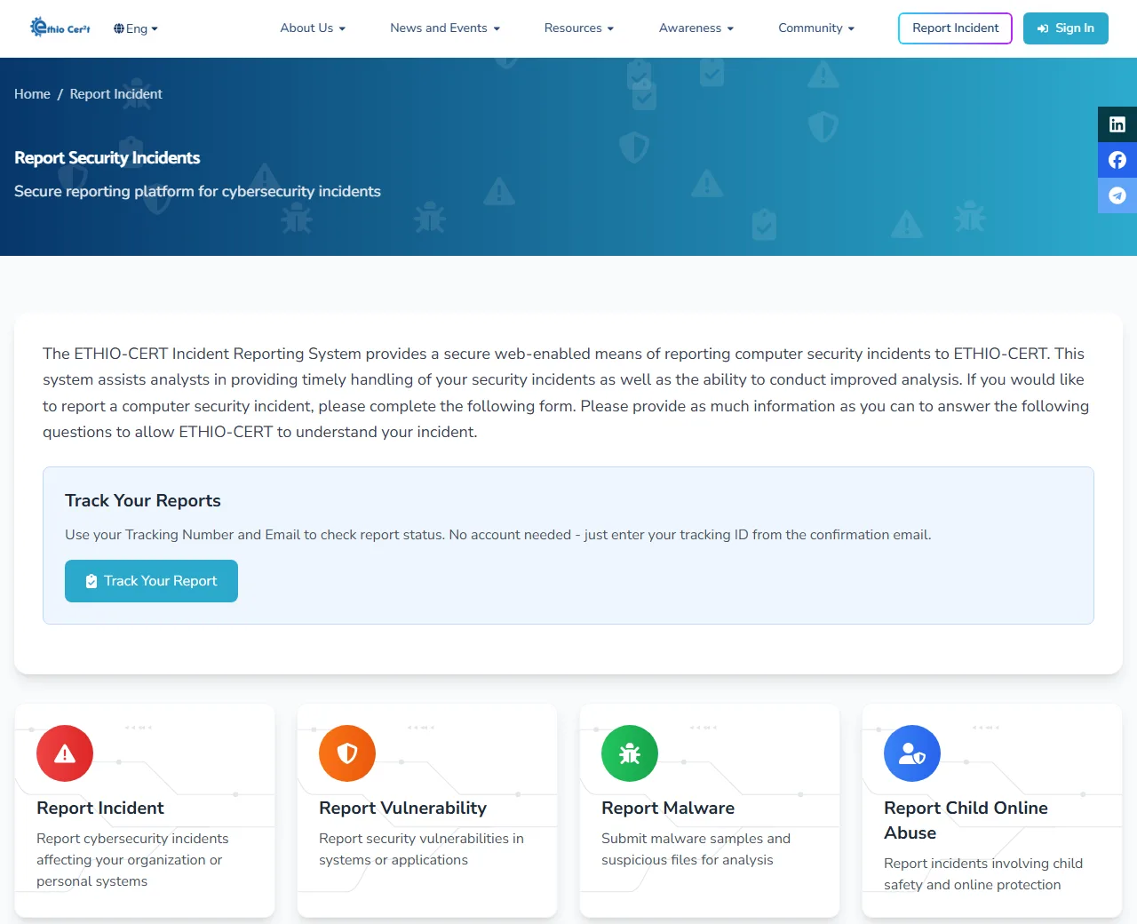 የEthio-CERT “Report Security Incidents” ገጽ፦ የTrack Your Reports ክፍልና Report Incident፣ Report Vulnerability፣ Report Malware፣ Report Child Online Abuse፣ Report Online Abuse/Bullying ካርዶች