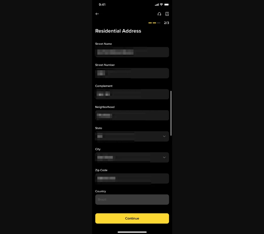 የBinance Brazil Card ኦፊሴላዊ የመኖሪያ አድራሻ ቅጽ፣ አገሩ Brazil ተብሎ የተመረጠ