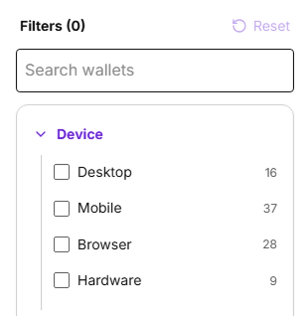 በethereum.org የዋሌት ማውጫ ላይ Desktop፣ Mobile፣ Browser እና Hardware የሚሉ የDevice ማጣሪያ አማራጮች