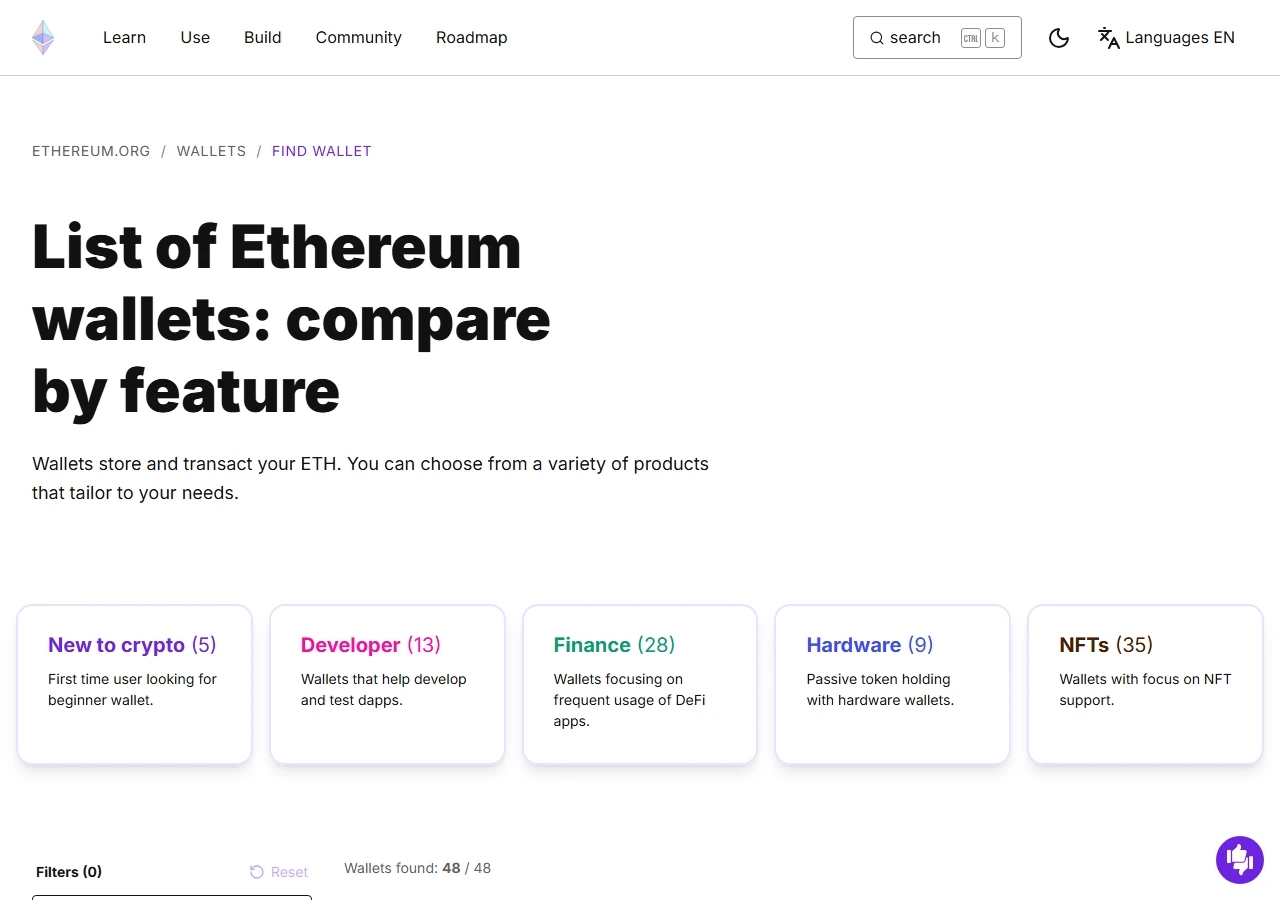 በethereum.org የቦርሳ ማነጻጸሪያ ላይ የጀማሪ፣ የገንቢ፣ የፋይናንስ፣ የሃርድዌርና የNFT ምድብ መምረጫዎች