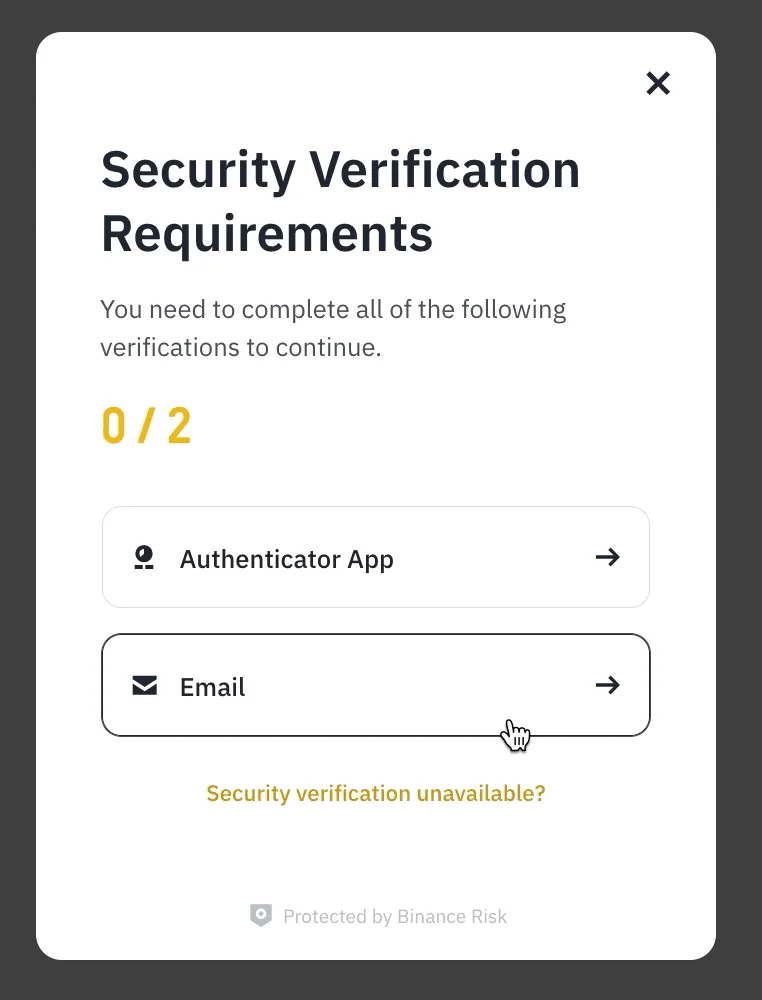የBinance Security Verification Requirements መስኮት፣ Authenticator App እና Email ማረጋገጫን ያሳያል