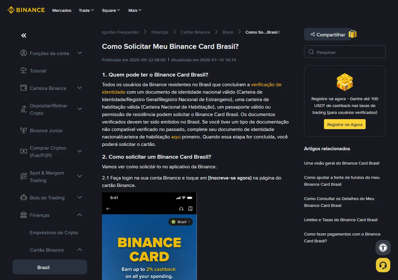 የBinance Support ኦፊሴላዊ “Como Solicitar Meu Binance Card Brasil?” ገጽ፣ የብራዚል ነዋሪነትና የማንነት ማረጋገጫ መስፈርቶችን ያሳያል