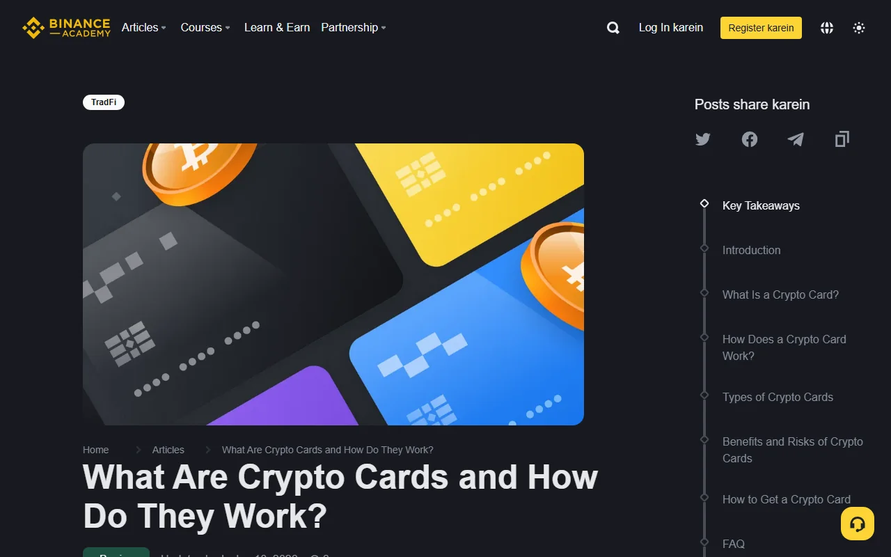 ስለ ክሪፕቶ ካርዶች የሚያብራራ የBinance Academy ኦፊሴላዊ ገጽ
