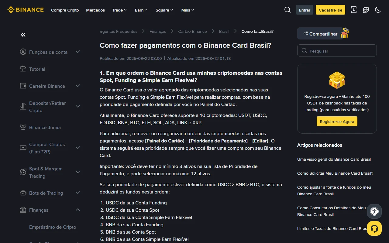 የBinance Brazil Card ኦፊሴላዊ የPayment Priority መመሪያ፣ የተደገፉ ንብረቶችንና Funding፣ Spot እና Simple Earn Flexible ቅደም ተከተልን ያሳያል