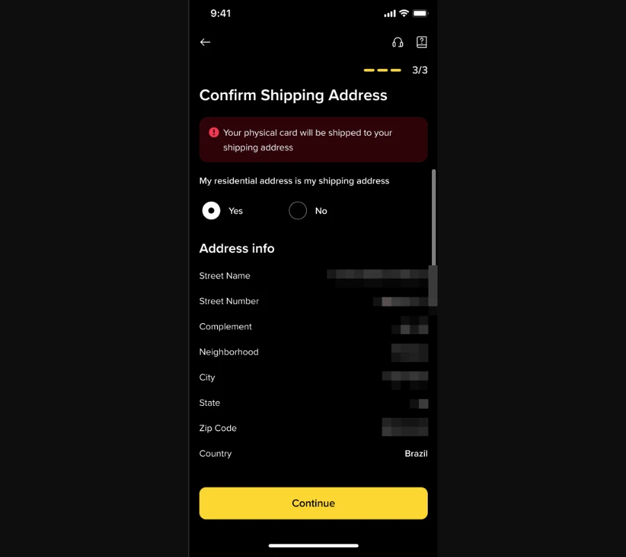 የBinance Brazil Card ኦፊሴላዊ የመላኪያ አድራሻ ማረጋገጫ፣ አገሩ Brazil ተብሎ የተጻፈ